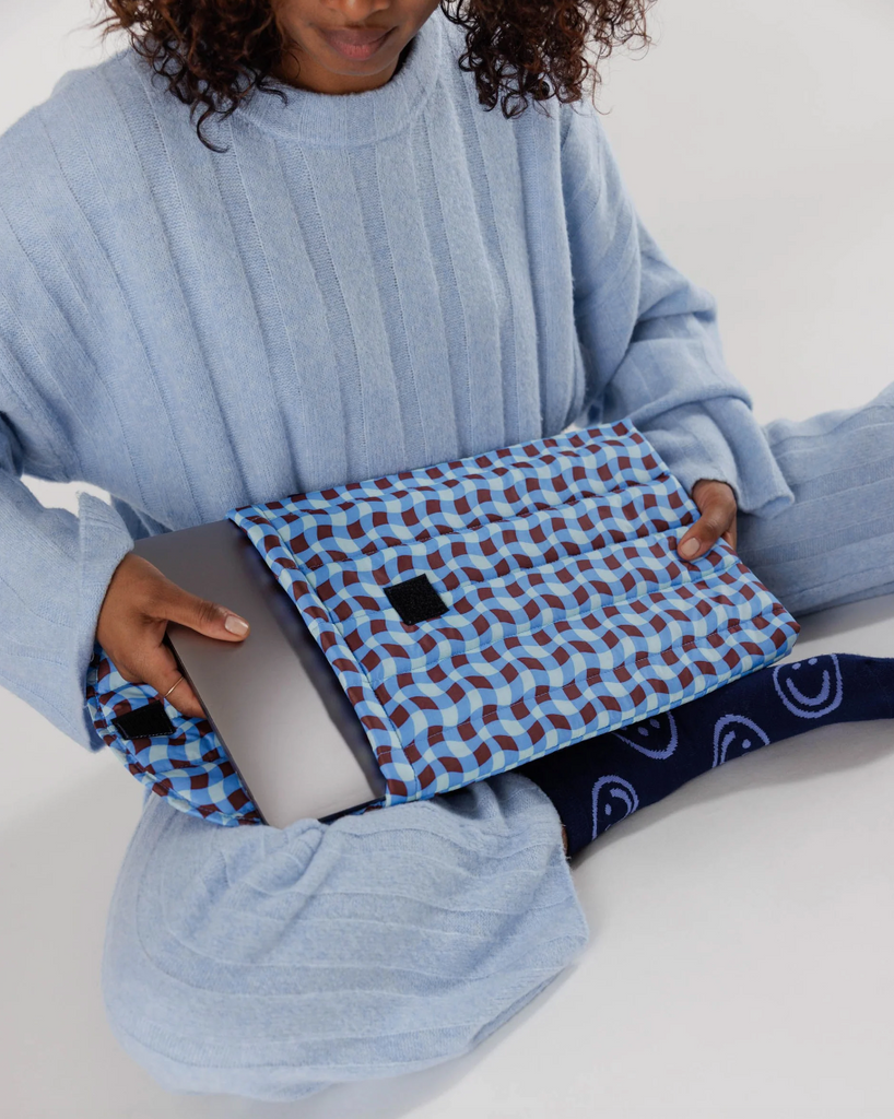 Baggu 16" Puffy Laptop Sleeve, Wavy Gingham Blue Trouble & Fox