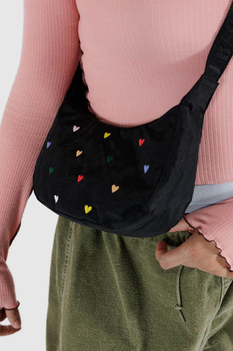 Baggu - Small Nylon Crescent Bag, Embroidered Hearts