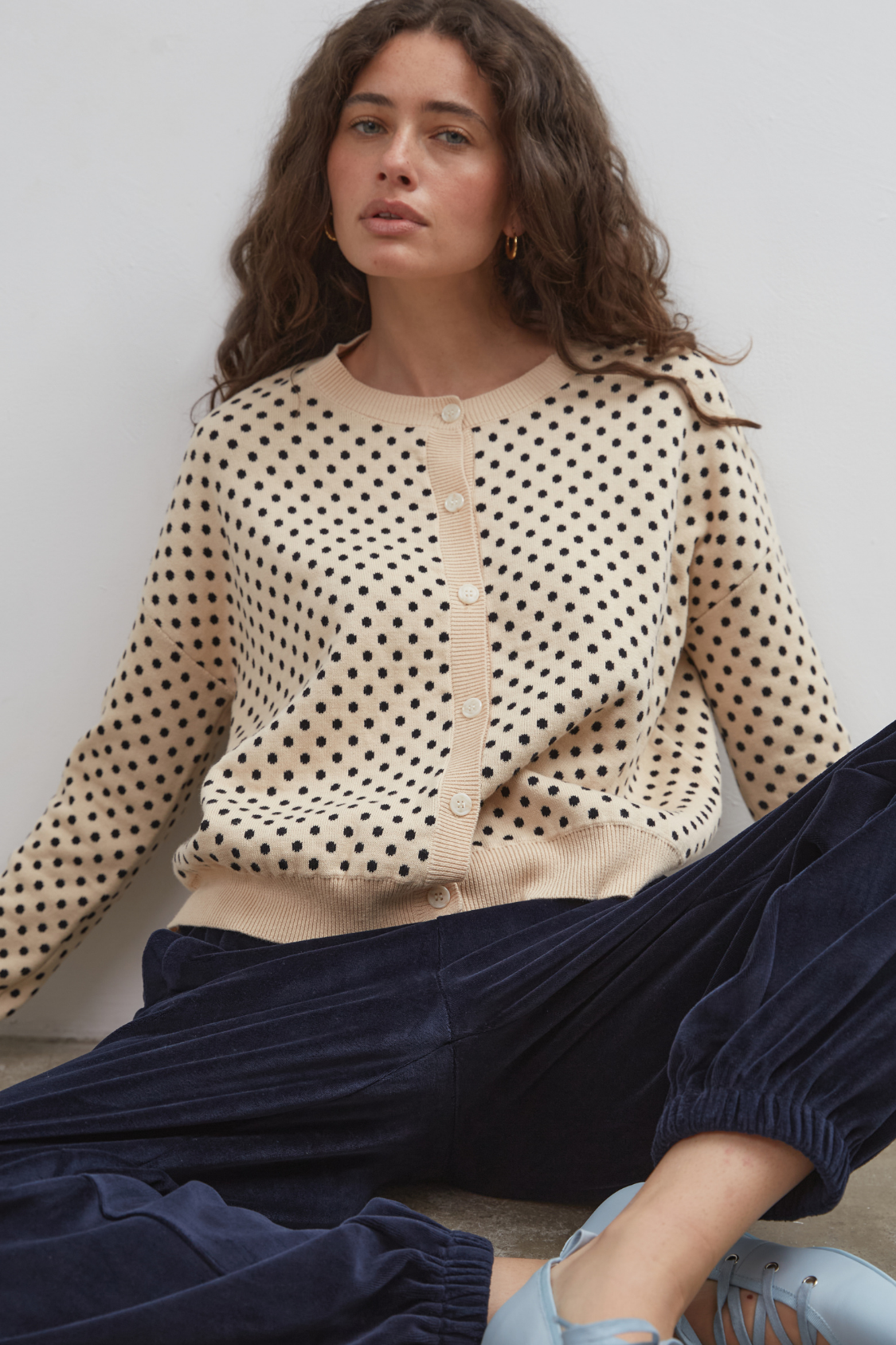 Commonplace - Dawn Cotton Cardigan, Beige Polka Dot