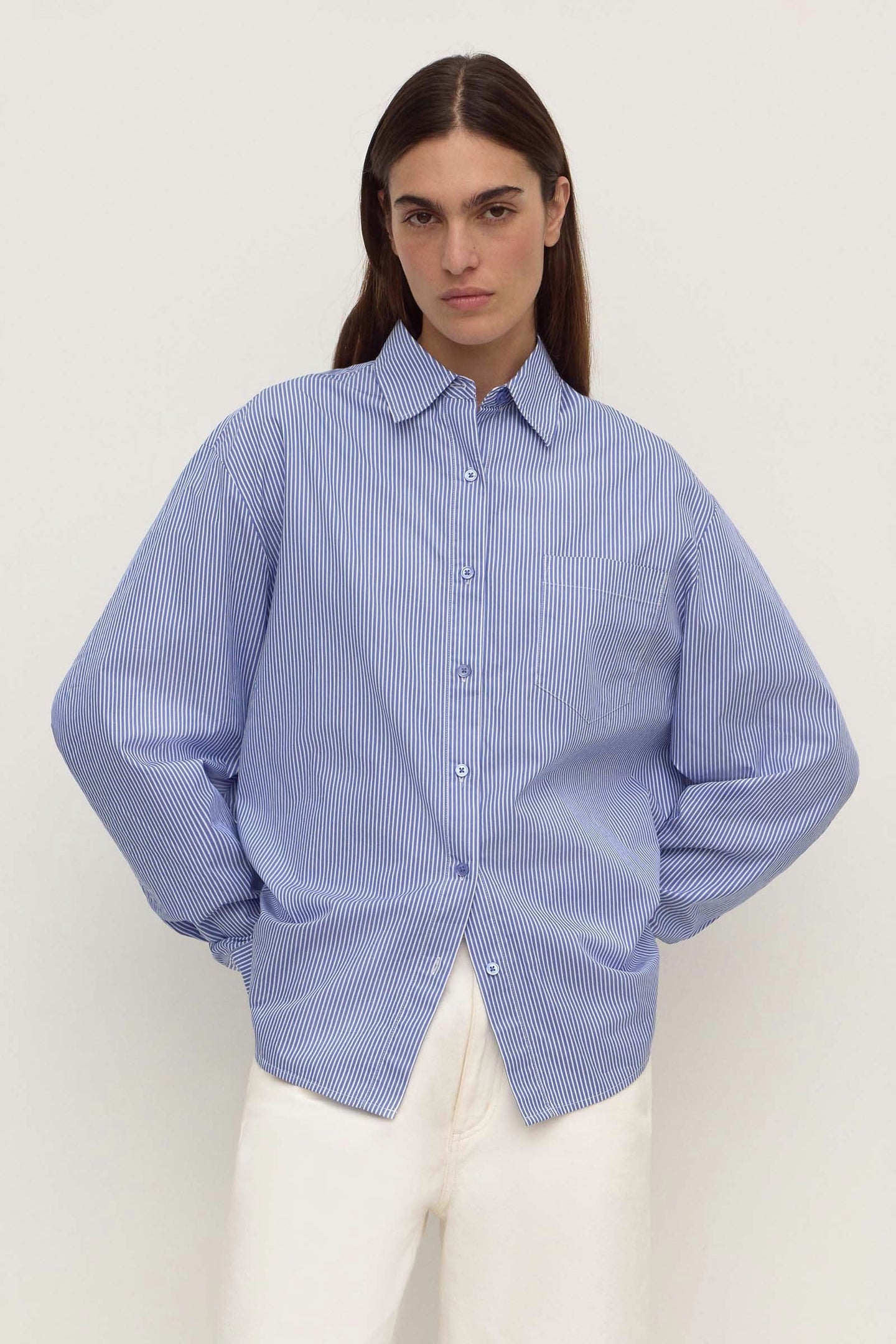 Assembly Label - Ava Stripe Poplin Shirt, Navy Stripe