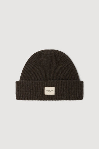 Dark brown knit beanie with a small label on a light gray background