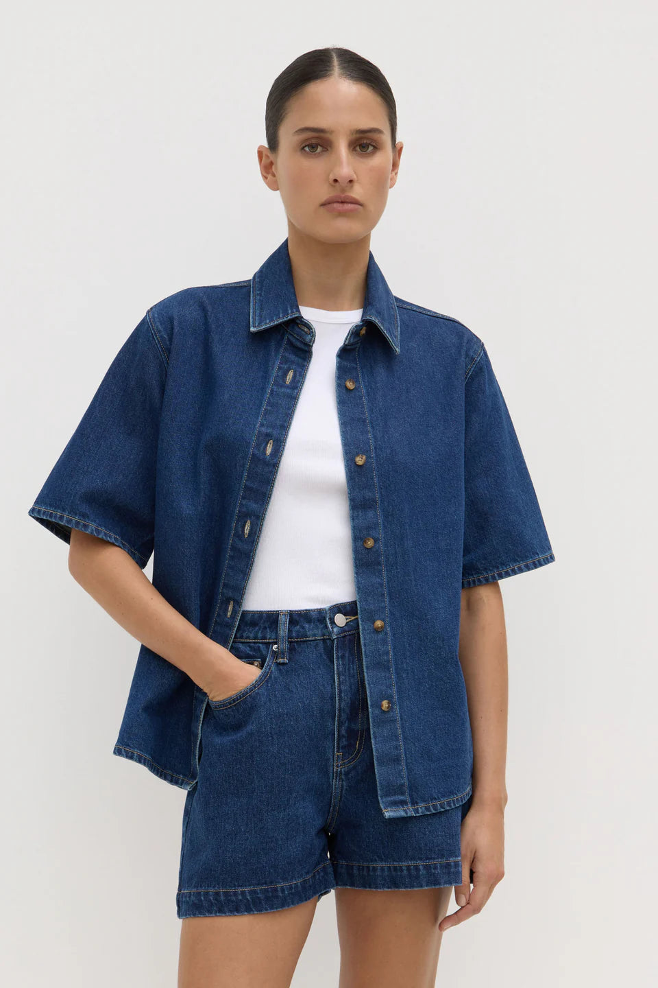 Assembly Label - Boxy Denim Short Sleeve Shirt, Heritage Blue