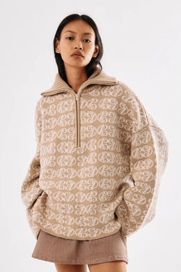 Commonplace - Chapman Monogram 1/4 Zip Sweater, Warm Sand/Cream