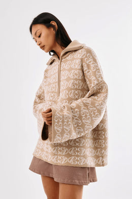 Commonplace - Chapman Monogram 1/4 Zip Sweater, Warm Sand/Cream