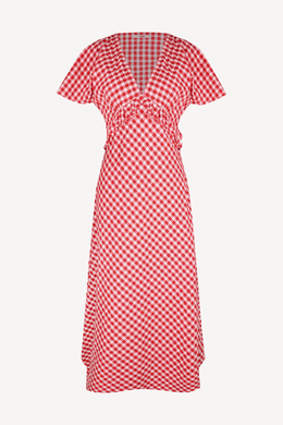 Ruby - Petal Ruffle Midi Dress, Red Lilac Tartan
