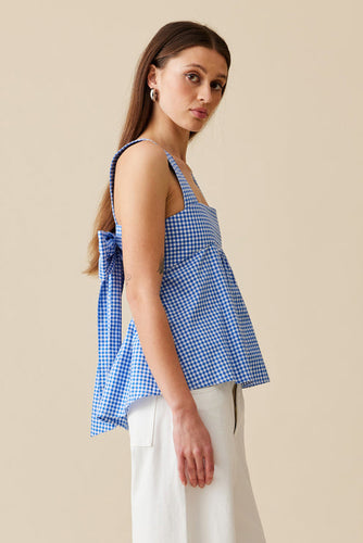 Ruby - Margie Tie Back Top, Cobalt Gingham