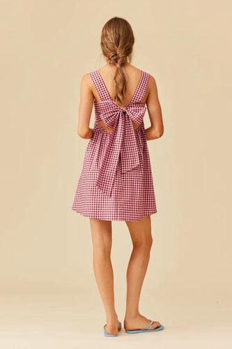 Ruby - Margie Tie Minidress, Pink Burgundy Gingham
