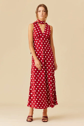 Ruby - Gloria Sleeveless Maxi Dress, Garnet Polka Dot