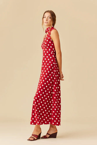 Ruby - Gloria Sleeveless Maxi Dress, Garnet Polka Dot