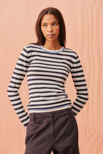 Ruby - Esme Long Sleeve Top, Blue Navy Cream Stripe