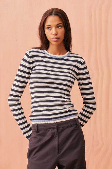 Ruby - Esme Long Sleeve Top, Blue Navy Cream Stripe