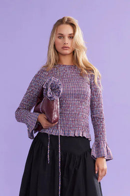 Ruby - Sky Shirred Long Sleeve Top, Blue Wine Gingham