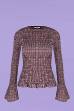 Ruby - Sky Shirred Long Sleeve Top, Blue Wine Gingham