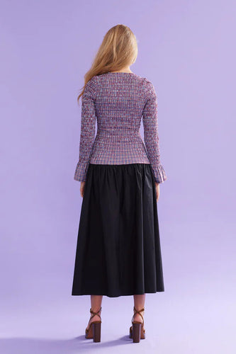 Ruby - Sky Shirred Long Sleeve Top, Blue Wine Gingham