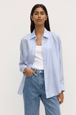 Assembly Label - Spencer Stripe Silk Long Sleeve Shirt, Blue, White Stripe