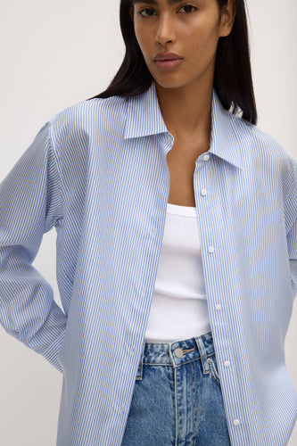 Assembly Label - Spencer Stripe Silk Long Sleeve Shirt, Blue, White Stripe