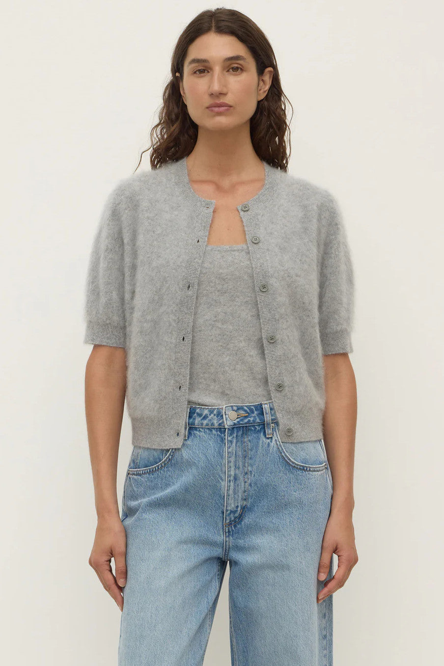 Assembly Label - Carina Wool Short Sleeve Cardigan, Grey Marle