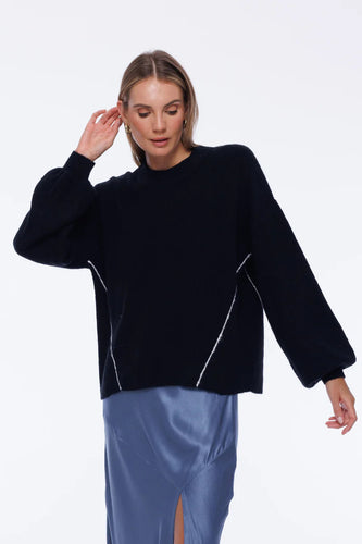 Blak - Viola Sweater, Black/White Stitch