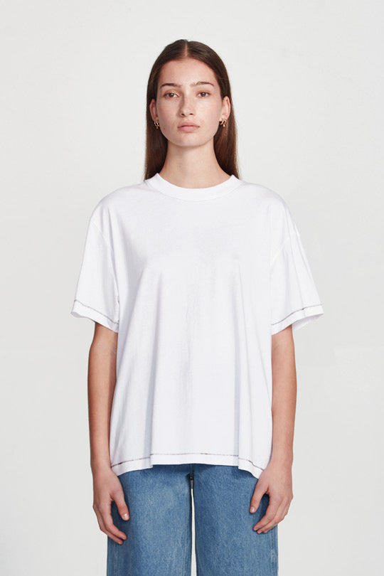 Commoners - Womens Boy Tee, White w Cocoa Stitch