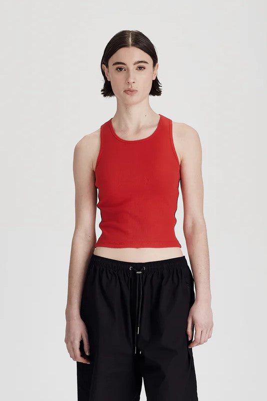 Commoners - Fine Rib Racer Back Tank,  Red/ Cocoa Stripe