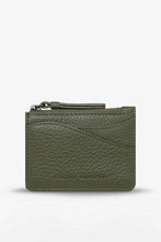 Green leather wallet with a zipper on a white background