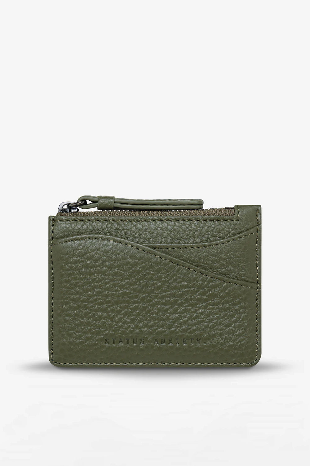 Green leather wallet with a zipper on a white background