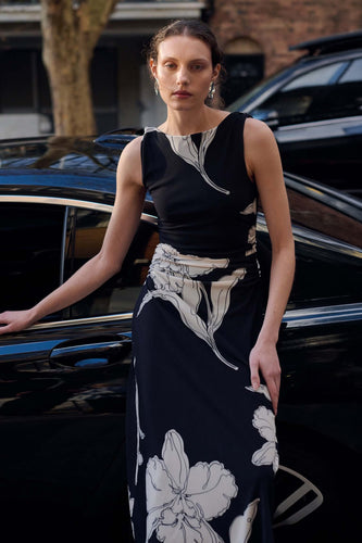 Staple The Label - Veda Mesh Midi Dress, Black/Cream Floral